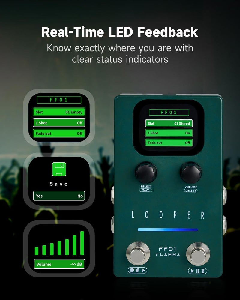 FLAMMA Looper Guitar Pedal, FF01 Looper Pedal with 40 Slots 160 Mins Looping Time, Stereo Guitar Loop Pedals with Screen for Electric Guitar/Bass, Fade Out, USB Data Management - Image 2